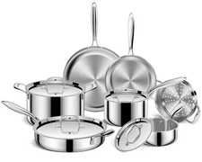 EWFEN Pots and Pans Set, 3 Ply 11 Piece Stainless Steel Cookware Set, Oven Di...