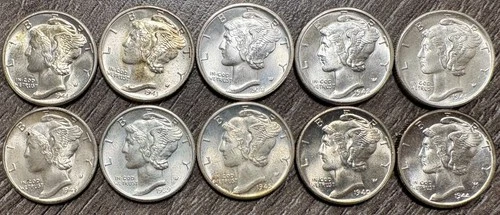 1938-1945 PDS GEM UNCIRCULATED Mercury Dime Collection 10C, 10 Coins Total