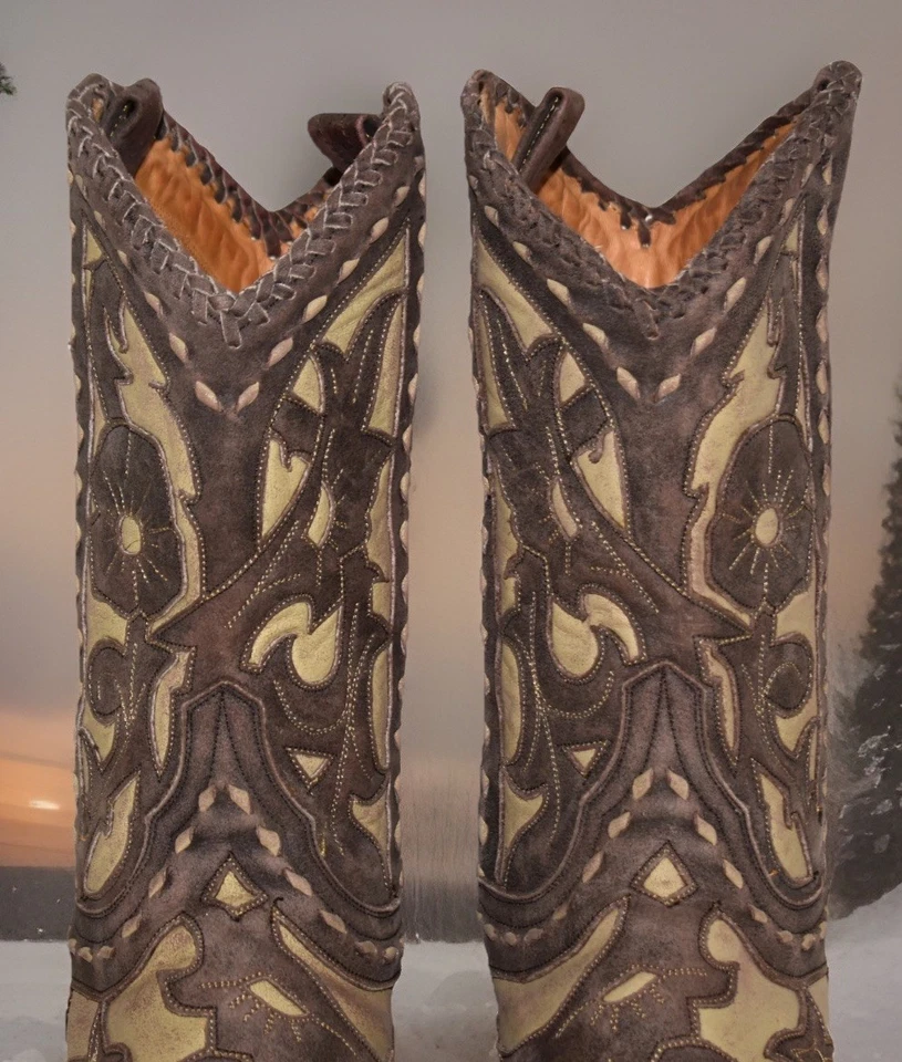 Vtg Y2k Label OLD GRINGO "JUDE" Beige Sz 8B Floral Tooled Overlay Cowgirl BOOTS - Image 4 of 4