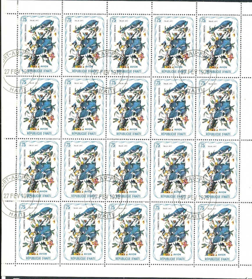 HAITI 1975 AUDUBON BIRDS GROUP OF 5 Complete Sheets of 20 Fine Used CTO PMKs. - Image 4 of 4