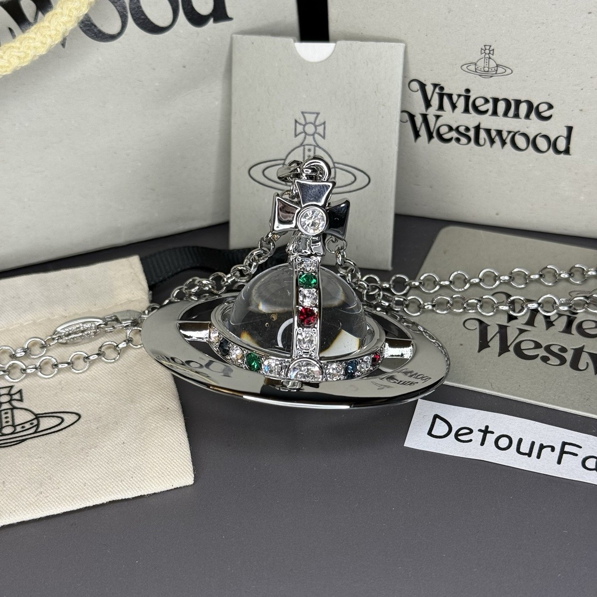 Vivienne Westwood Giant Orb Silver Clear Necklace Pendant WITH BOX