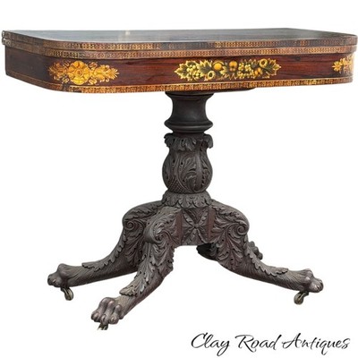 Antique Gilt Stenciled classical empire federal game card Table NY paw acanthus