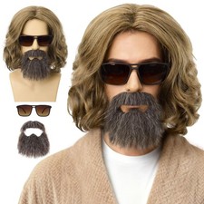 Mens Brown Curly Wig Medium Length Hair Synthetic Fiber with Beard and Glasse...