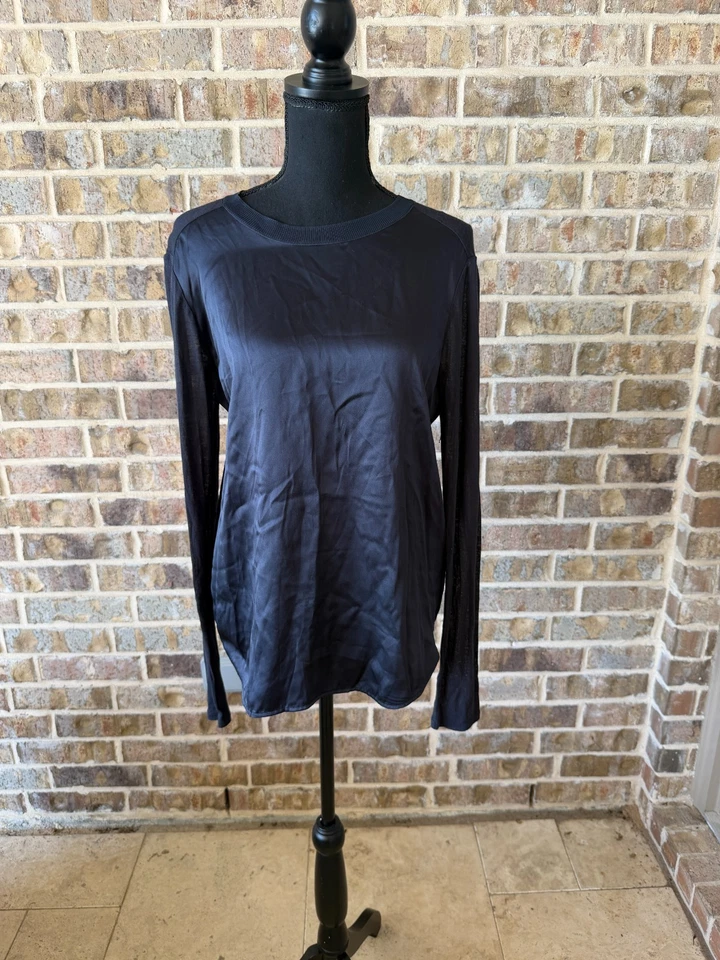 Blusa Vince Silk Popover Manga Larga Azul Marino Medio Cuello Redondo Mangas Largas Foto 2 de 4