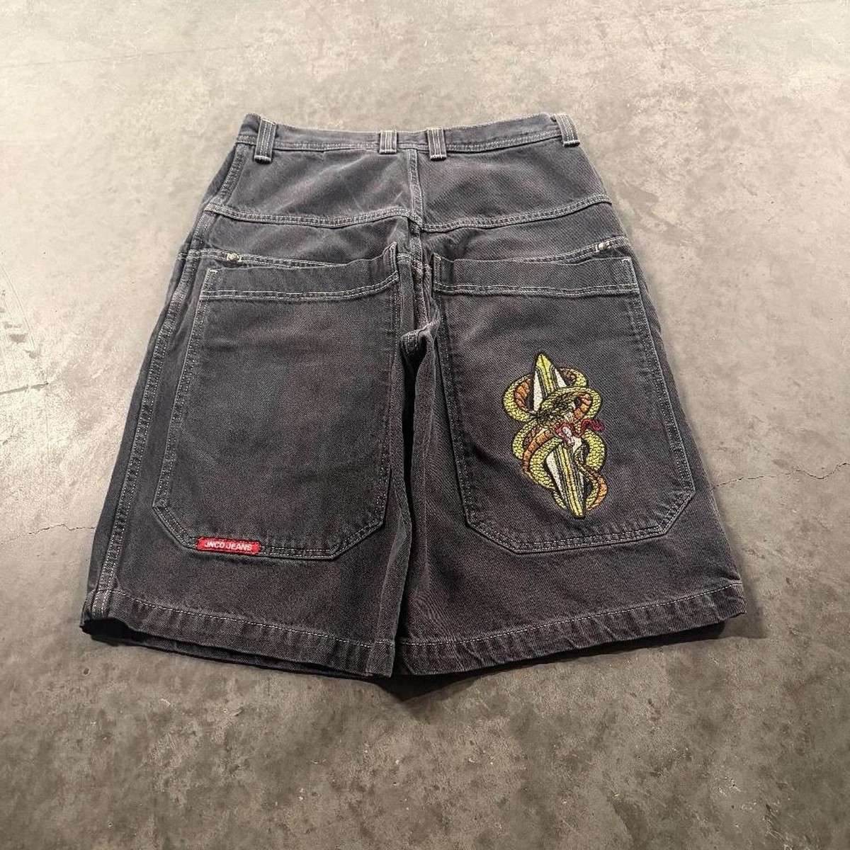 JNCO Vintage 90s Black Snake Surfboard Baggy Jorts Jean Shorts 32