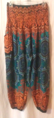 Bangkok XXL Teal Multi Rayon Smocked Elastic Waist Harem Pants~Fair Trade~pp