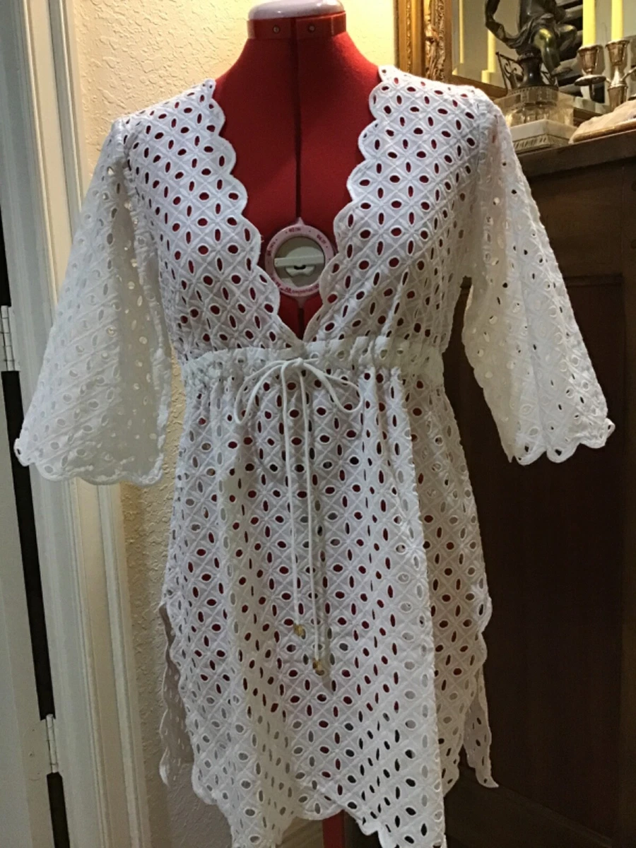 Tory Burch White Eyelet Coverup Empire waist LOGO drawstring Mini Dress size P