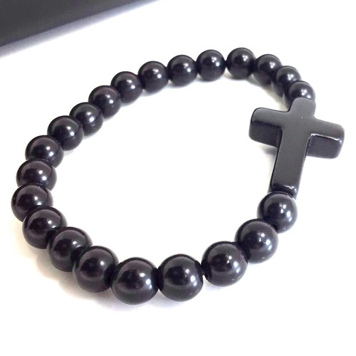 Black Cross Men Bracelet Handmade Beaded Howlite Turquoise 7.5" 4mm 6mm 8mm - Picture 12 of 14