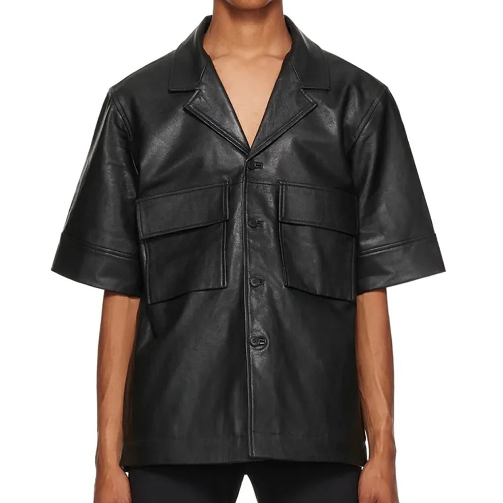 Notch Collar Men Leather Shirt, Black Men Leather Shirt Short Sleeves Leatherviz