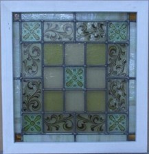 EDWARDIAN HAND PAINTED OLD ENGLISH LEADED STAINED GLASS WINDOW 19 1/2" x 20 1/2"