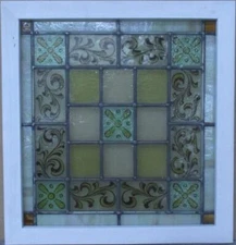 EDWARDIAN HAND PAINTED OLD ENGLISH LEADED STAINED GLASS WINDOW 19 1/2" x 20 1/2"