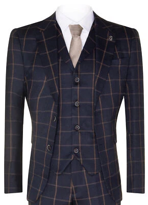 TRUCLOTHING Mens Navy Blue Check 3 Piece Tweed Suit Peaky Blinders 1920s Gatsby Tailored Fit