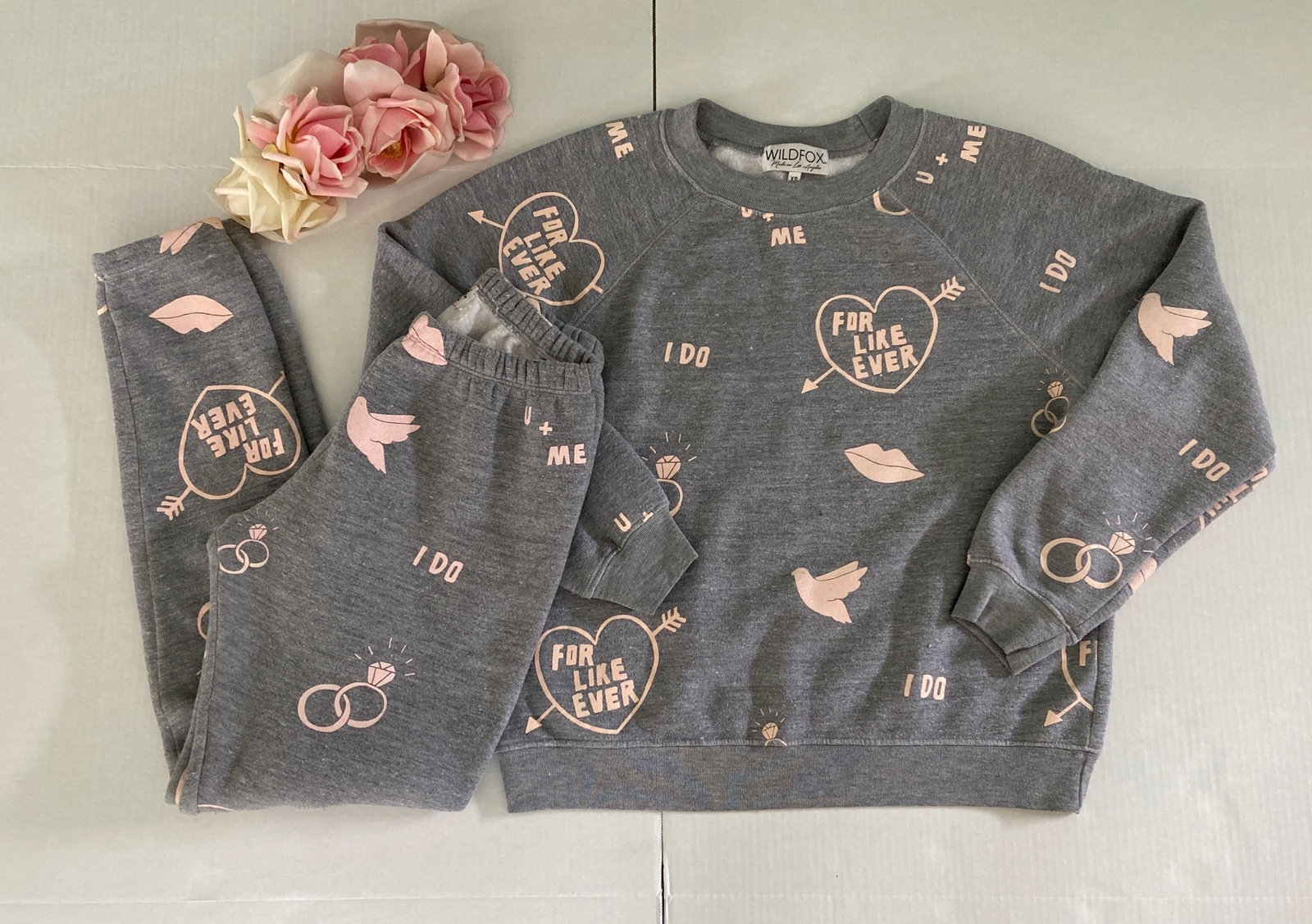 Wildfox Gray Sweatshirt Pants Jogger Set I Do Wedding Engagement Womens SZ XS
