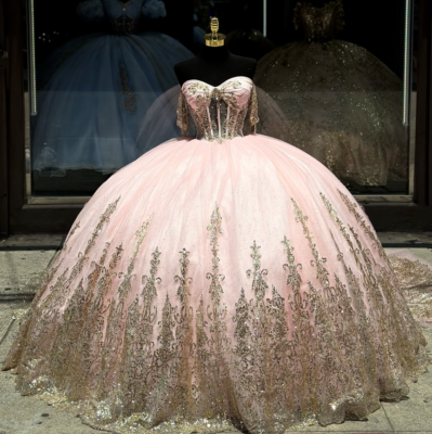 Light Pink Ball Gown Quinceanera Dress with Gold Sequins Birthday Gowns  Sweet 15 | eBay