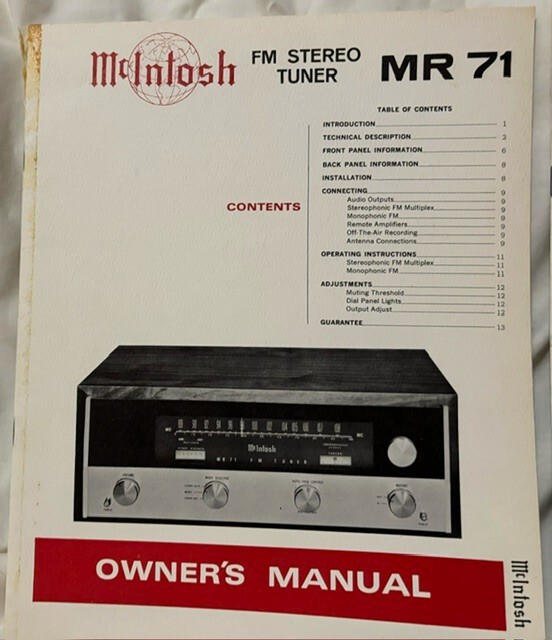McIntosh Model MR 71 Tuner, Owner’s Manual, Service Infor and Related Materials