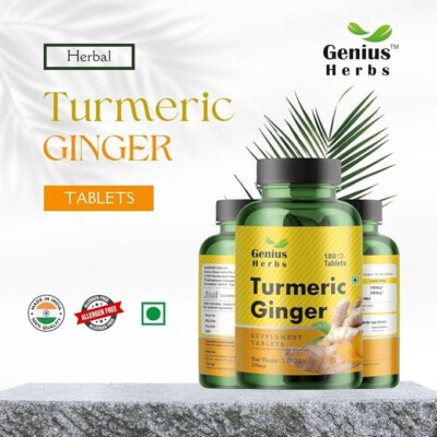 Genius Herbs Turmeric Ginger 180 Tablets 1000 mg Improves Digestion Antioxidant