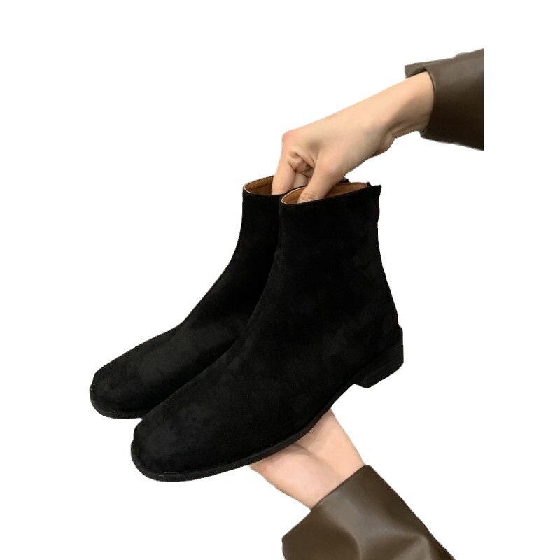 Fashion Womens Suede Short Boots Ladies Ankle Boots Square Toe Chelsea