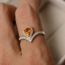 1.50 Ct Pear Cut Real Citrine  Diamond Engagement Ring 14K Solid White Gold