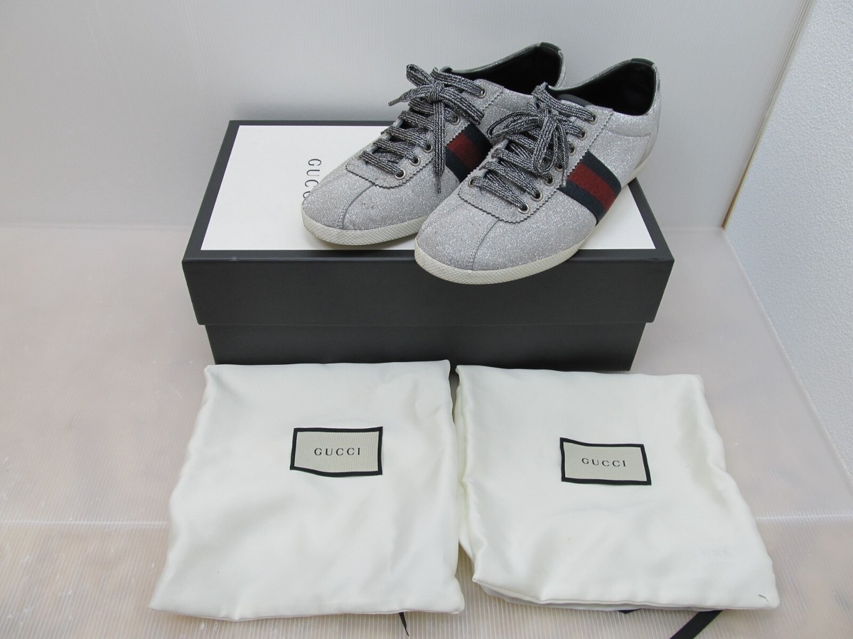 Gucci Ace Sneaker Shoes Silver Glitter Web Line Tiger Head Studded