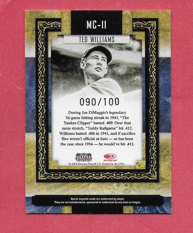2008 Donruss Sports Legends Museum Collection Gold #MC-11 Ted Williams #ed 100 - Image 2 of 2