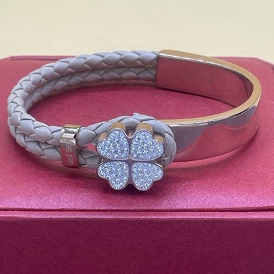 Folli Follie ハートチャームブレスレット FOLLI FOLLIE Bracelet | White Leather & Gold Tone w/ Rhinestone