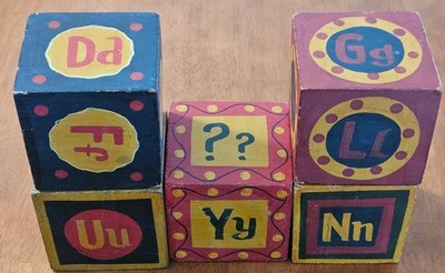 Vintage 1950s Heavy Wood Alphabet Blocks 5pc Set w Rare Sentence Finisher Cube
