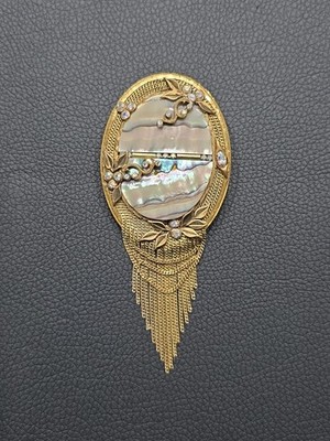 VTG MARENA Handmade In Germany Large Gold Tone Abalone & Crystal Brooch Pendant 