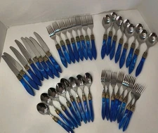 Vtg Stanley Roberts Style Blue Marbled Stainless China Flatware 40 Set Art Deco 