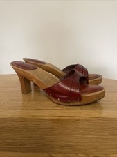 Vintage 70's BARETRAPS Wood Leather Mules Heels Burgundy Boho Hippy Sz 6-7