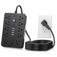 Flat Plug Surge Protector Power Strip,11 Multiple AC Outlets with 6 6 FT Black