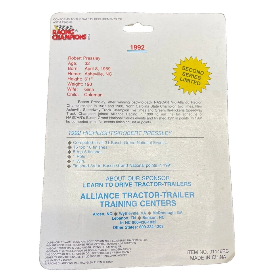 Robert Pressley #59 Racing Champions Alliance Racing Team 1992 - Image 2 of 2