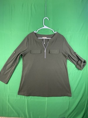 NEW Baikea Womens XL Top 1/4 Zip Misses Green Cotton Roll Tab Sleeves NWOT