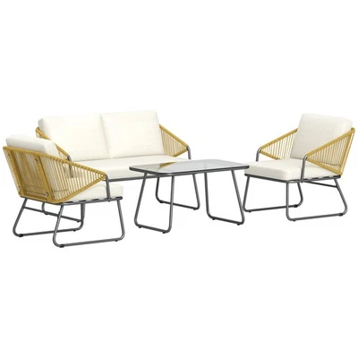 Outsunny 4 Piece Rattan Garden Furniture Set with Cushions, Natural - Image 1 of 4