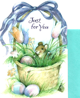 Happy Easter Mouse Basket Full of Colored Eggs Tulip Hallmark Greeting Card