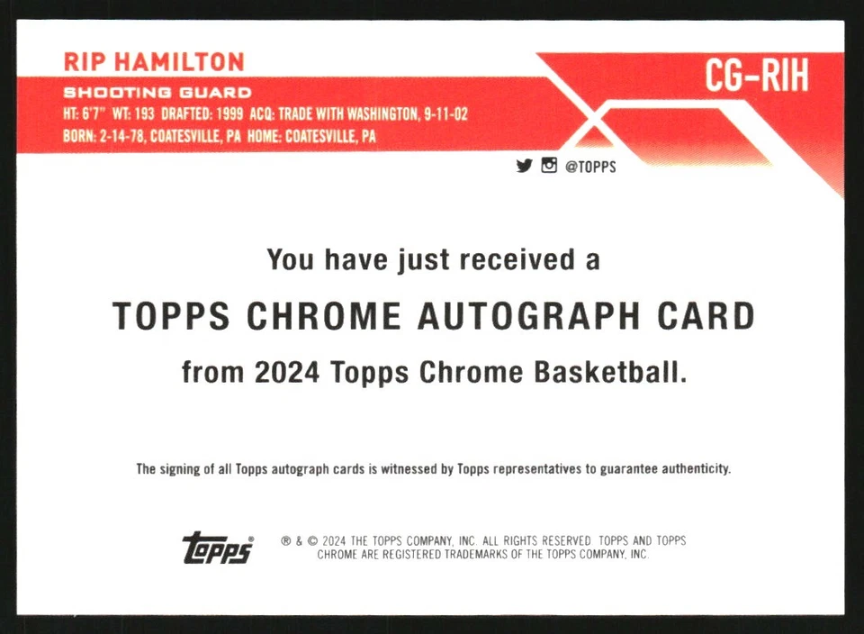 2023-24 Topps Chrome Autographs Purple Geometric Refractors #CGRIH Rip Hamilton - Image 2 of 2