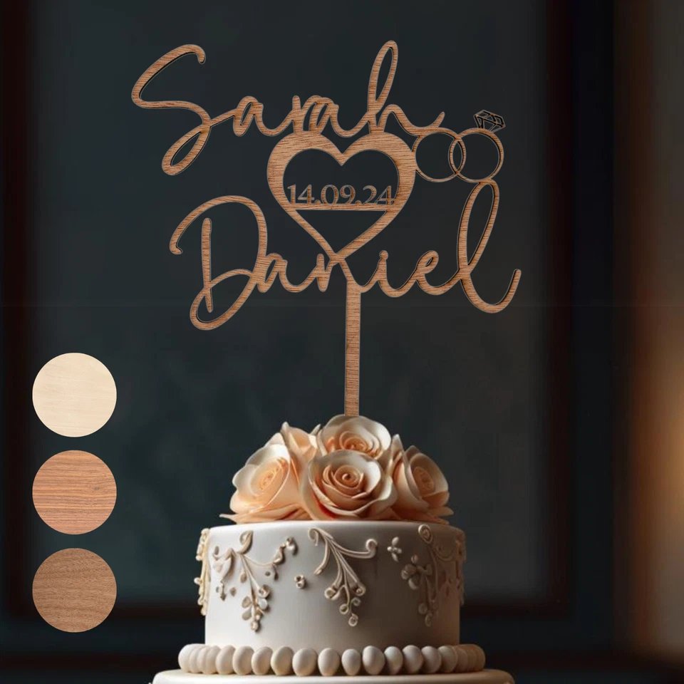Cake Topper Hochzeit Personalisiert Walnuss, Mahagoni oder Linde Holz - Tortenst - Bild 4 von 4