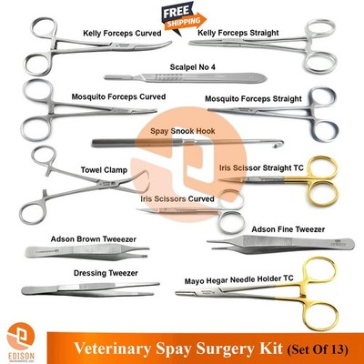 Veterinary Surgical Spay Kit With Snook Hook Needle Holder Forceps Scissors Set