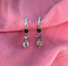 Three Stone Sterling Silver Dangle Drops Earrings Pierced CZ