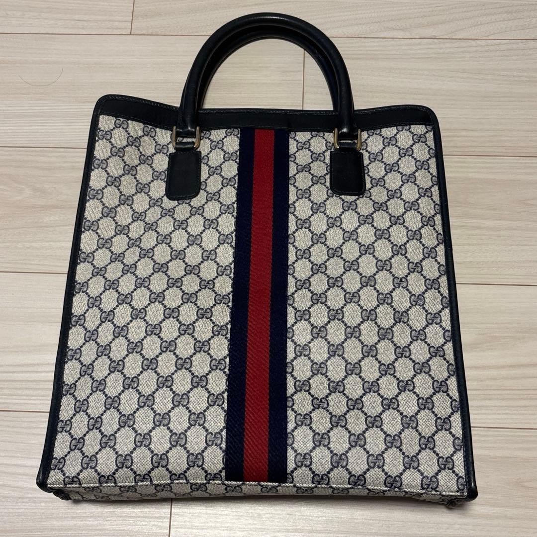 GUCCI Vintage Navy Supreme GG Tote Bag Leather PVC Large Authentic thumbnail 2