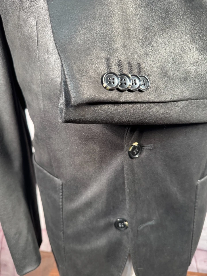 ENZO Hombres Negro IMITACIÓN CUERO AJUSTE REGULAR 2 Botones Sobre Abrigo Blazer Chaqueta TALLA 40S Foto 4 de 4