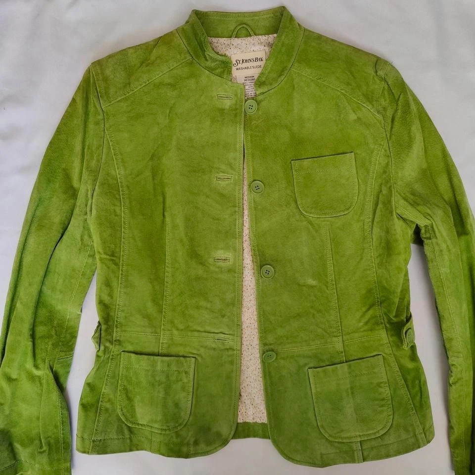 Vtg Y2K St. Johns Bay Indie Sleaze Green Suede Moto Style Jacket Tailored Medium - Image 2 of 4