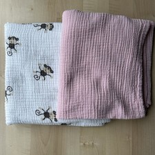 Aden  Anais White Brown Monkey  Pink Cotton Muslin Baby Swaddle Blankets