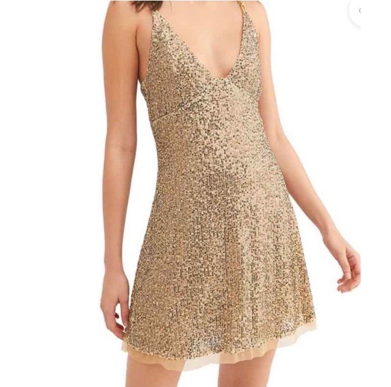 Intimately Free People Mini Dress Size M Gold Sequin Slip Tie Party NWT *READ*