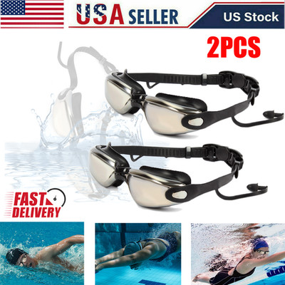 2PCS Unisex Mirrored Swim Goggles Anti-fog UV Protection With Earplug Brand New