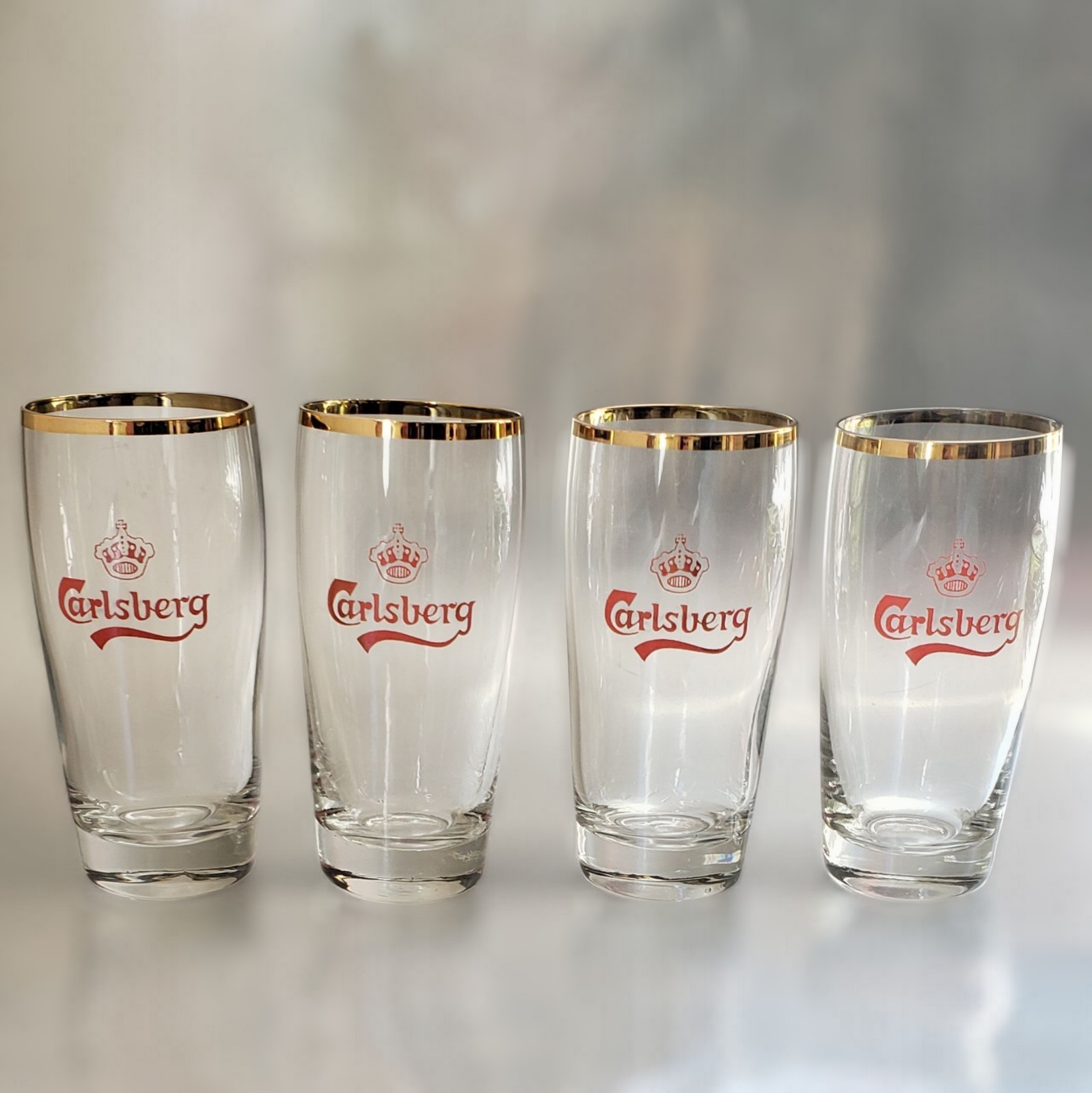 Vintage 1960s 4 Carlsberg Pilsner Beer Glasses 10oz Red Crown Logo Gold Rim Set