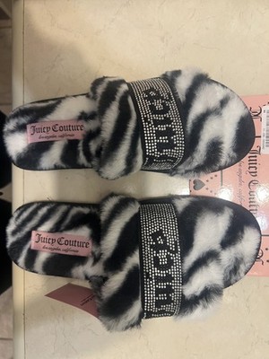 JUICY COUTURE Gravity Faux Fur Sandals Slippers Women's SIZE LARGE 8/7 Zebra