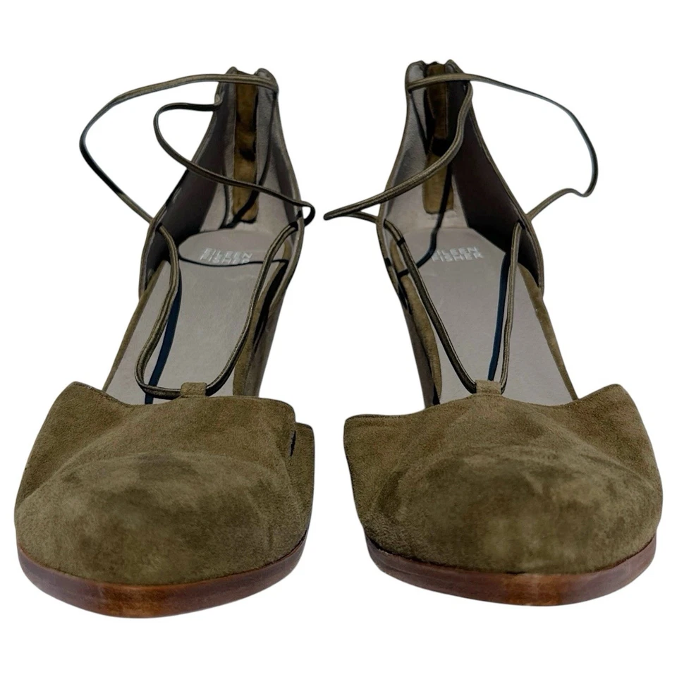 Eileen Fisher 鞋女式 11 码 Mossy 绿色麂皮绒粗跟 Y2K 踝带 — 第 2/4 张图片