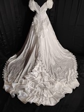 Vintage White Wedding Dress Off The Shoulder Ruffle Train Hanging Beads Sz L