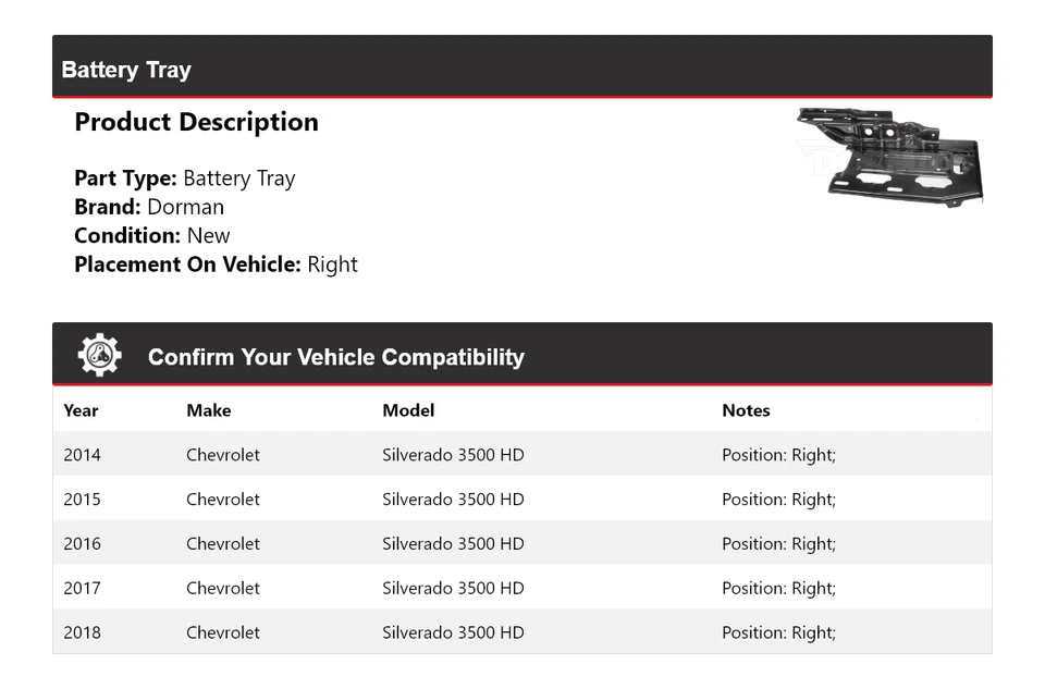 Bandeja de batería derecha para Chevrolet Silverado 3500 HD Dorman 2014-2018 2015 2016 Foto 2 de 4