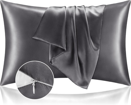 Satin Pillowcase with Zipper 2 Pack, Dark Grey Pillow Cases Standard Size, Super - 第 1/1 張圖片